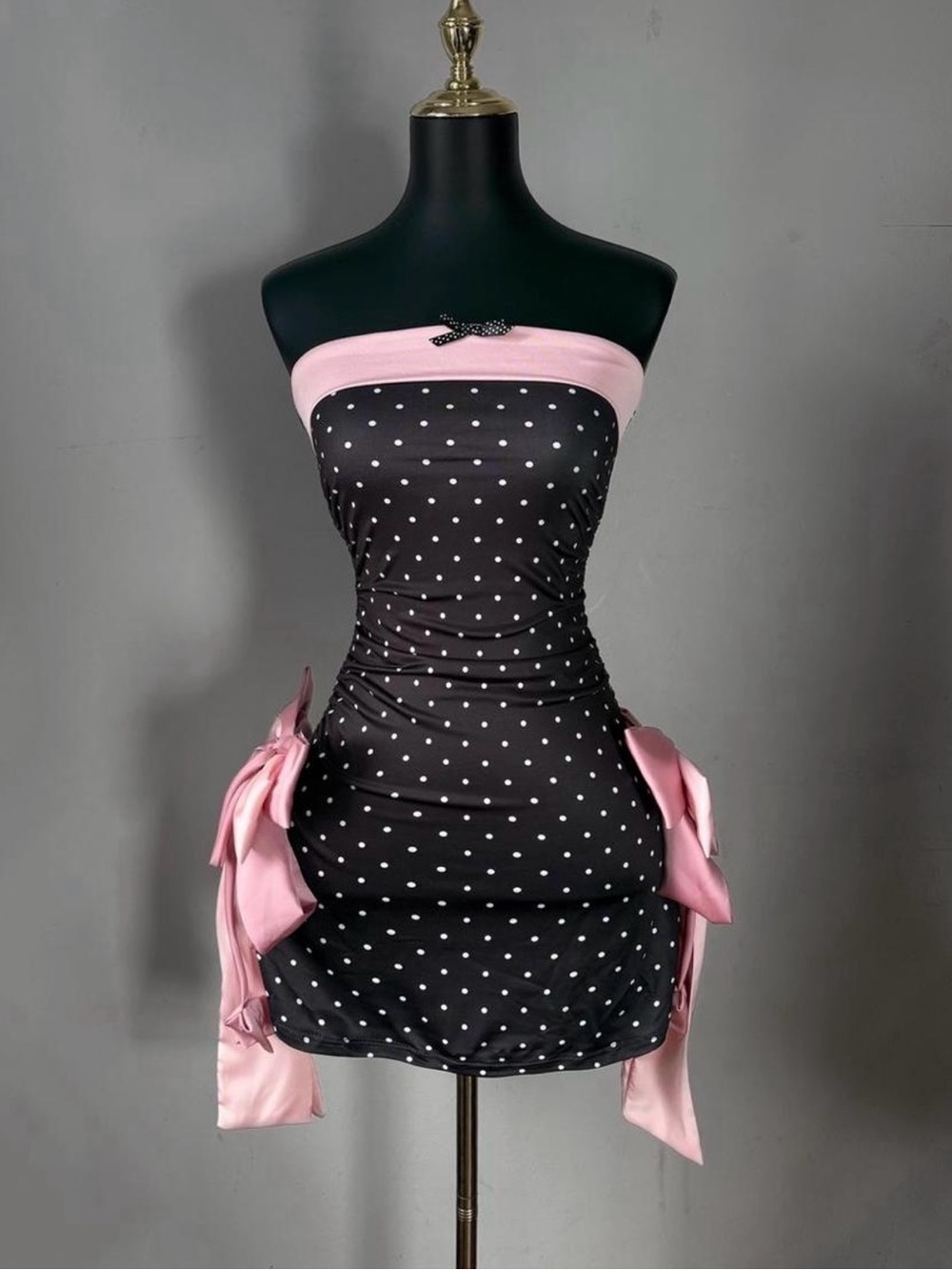 Handmade Strapless Black Polka Dot Mini Dress with Pink Bows 🎀